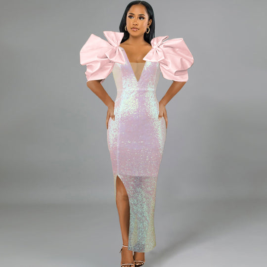 Damen Figurbetontes Glamour-Kleid mit schimmerndem Stoff und voluminösen Ärmeln EB