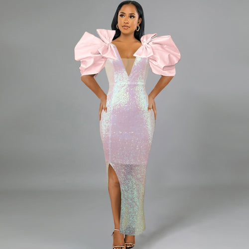 Damen Figurbetontes Glamour-Kleid mit schimmerndem Stoff und voluminösen Ärmeln EB