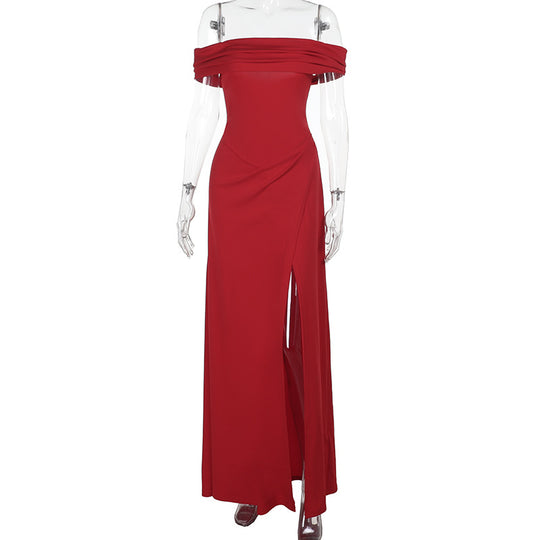 Damen Elegantes Off-Shoulder-Maxi-Kleid mit verführerischem Schlitz EB