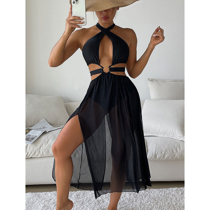 Damen Strandkleid mit tiefem V-Ausschnitt und elegantem Ringdetail EB