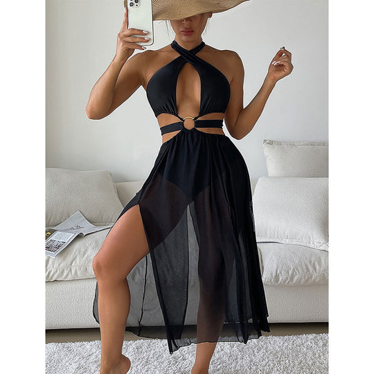 Damen Strandkleid mit tiefem V-Ausschnitt und elegantem Ringdetail EB