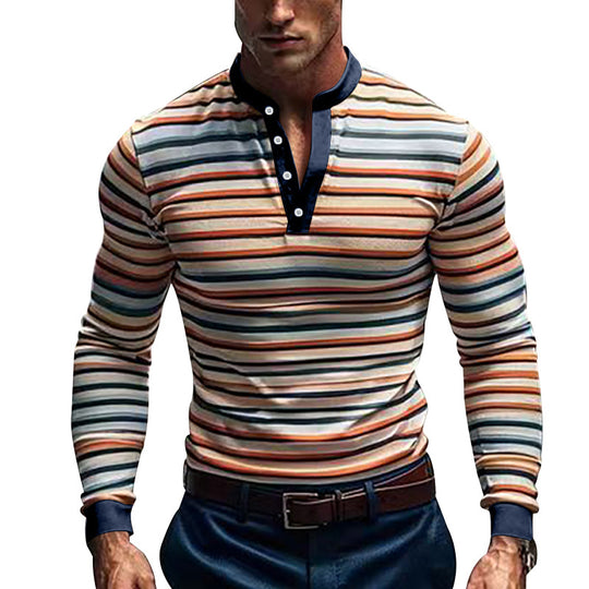 Herren Langarm-Henley-Shirt mit strukturiertem Streifenmuster und modernem Kragen EB