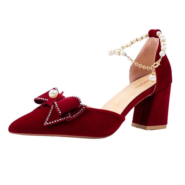 Damen elegante Pumps mit Perlenschleifen und Blockabsatz EB