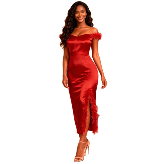 Damen elegantes Abendkleid mit raffinierter Feder-Verzierung EB