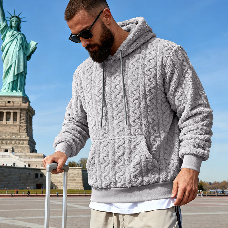 Herren nan Kuscheliger Sherpa-Hoodie mit Zopfmuster, Kängurutasche und Rippbündchen EB