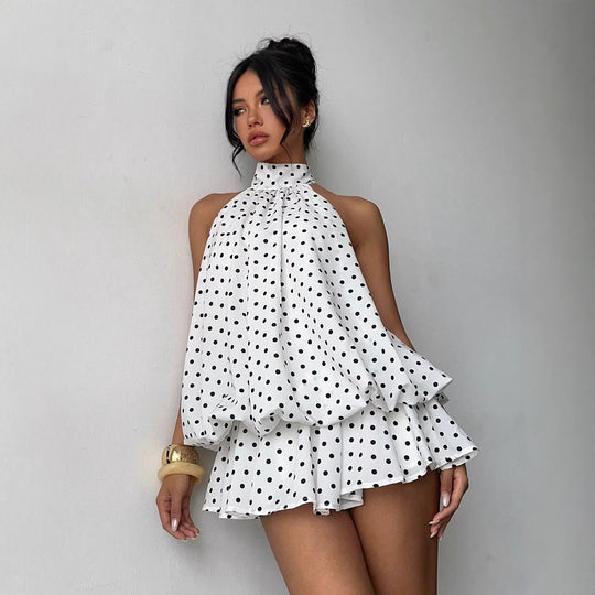 Damen modisches Polka-Dots Set mit hohem Kragen und voluminösen Ärmeln EB