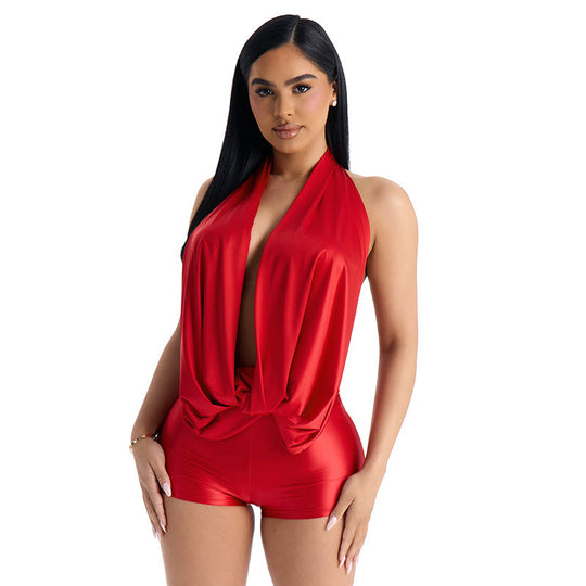 Damen Jumpsuit mit tiefem V-Ausschnitt und elegantem Bindedetail EB
