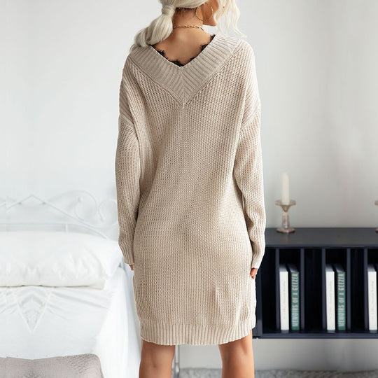Damen Strickkleid im lässigen Oversized-Stil mit V-Ausschnitt und Rippmuster EB