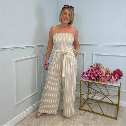 Damen Bandeau Jumpsuit mit weitem Bein und Bindegürtel EB