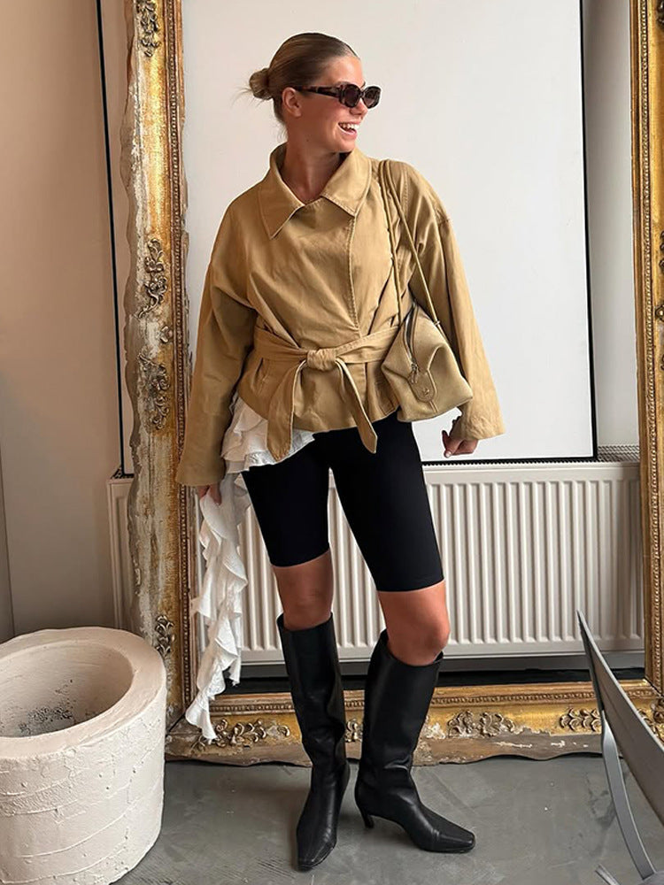 Damen lässige Oversized-Jacke mit Taillenschnürung EB