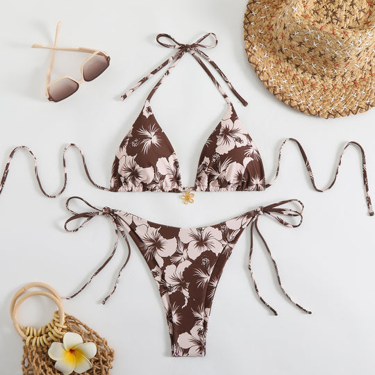 Damen Triangel-Bikini mit verstellbaren Trägern und floralem Design EB