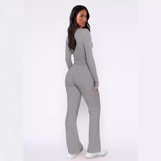 Damen bequemes Oberteil mit Knopfleiste und lockerer Hose EB