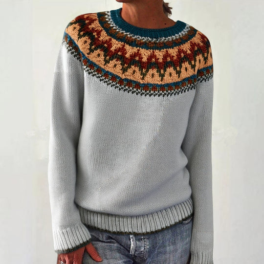 Damen nan melierter Rundhalsausschnittpullover mit kreisförmigem Jacquard-Yoke und geripptem Saum EB