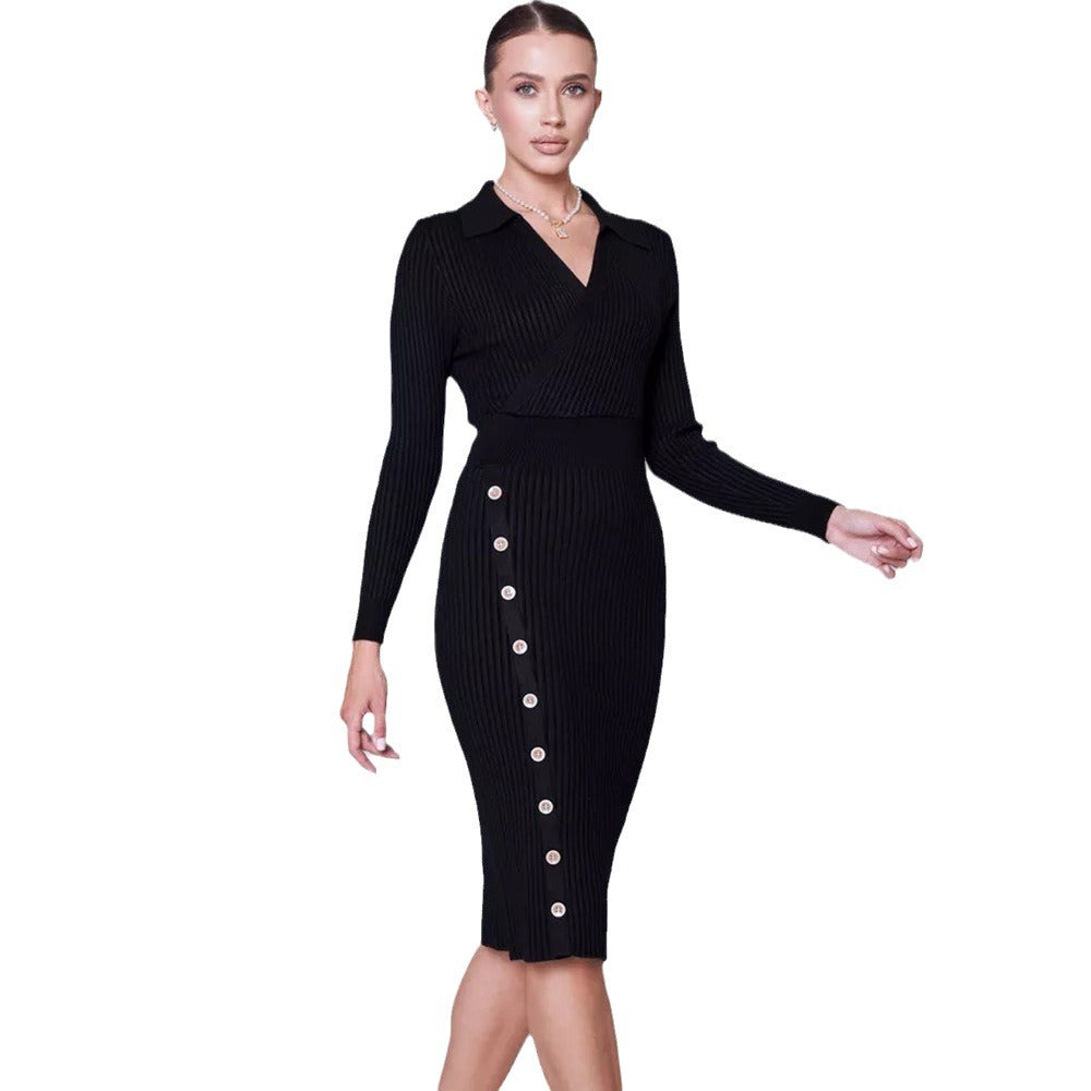 Damen Strickkleid mit elegantem Kragen und Knopfdetail EB