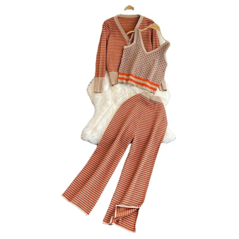 Damen Stylisches Strick-Loungewear-Set mit Tiefem V-Ausschnitt und Weit Geschnittenen Hosen EB