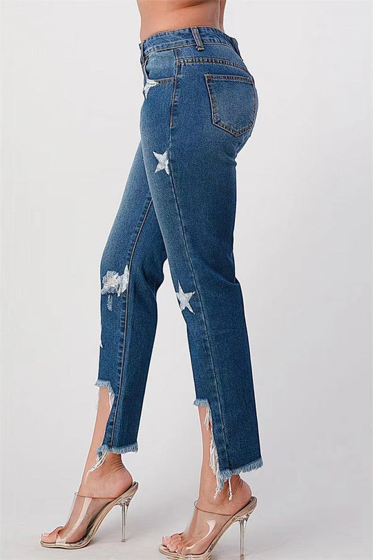 Damen modische Jeans mit Sternen-Design und fransigem Saum EB