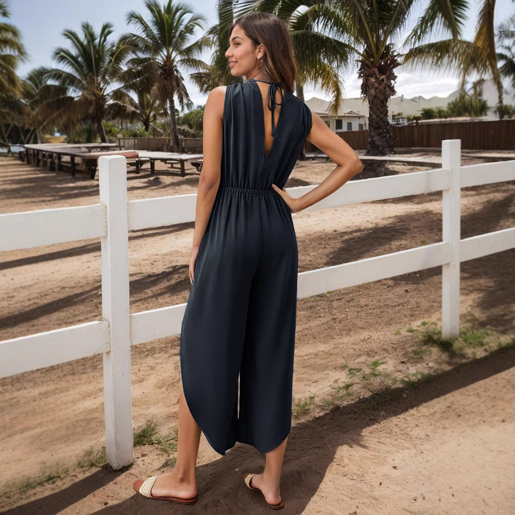 Damen Modischer Jumpsuit mit elegantem V-Ausschnitt und weitem Bein EB
