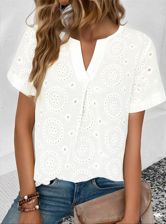Damen Bluse mit floralen Lochstickereien und V-Ausschnitt EB