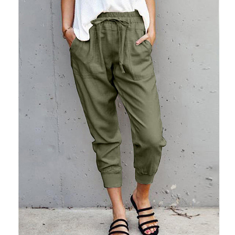 Damen nan lässige tapered Leinenhose mit elastischem Bund und Bündchen EB