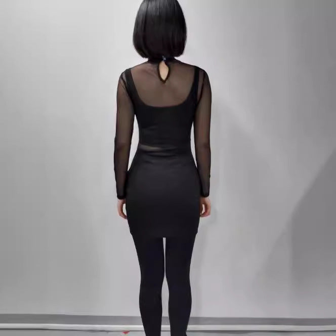Damen elegantes Minikleid mit transparenten Ärmeln und Strassverzierungen EB