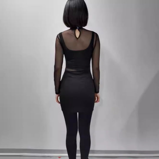 Damen elegantes Minikleid mit transparenten Ärmeln und Strassverzierungen EB
