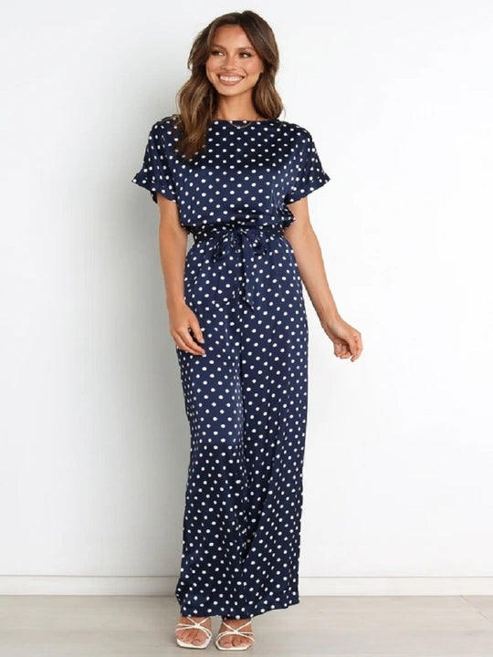 Damen Satin Jumpsuit mit weitem Bein und Taillengürtel EB