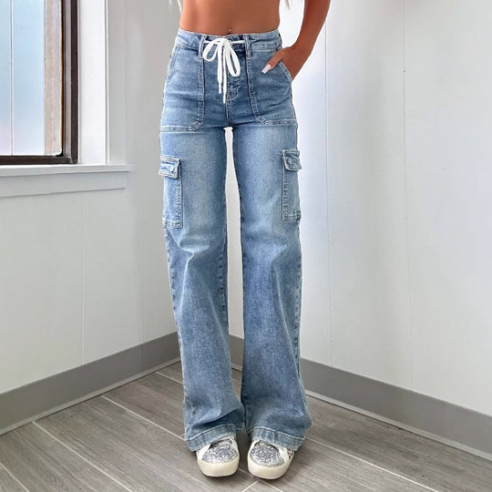Damen Cargo-Jeans mit weitem Bein und verstellbarem Bund EB