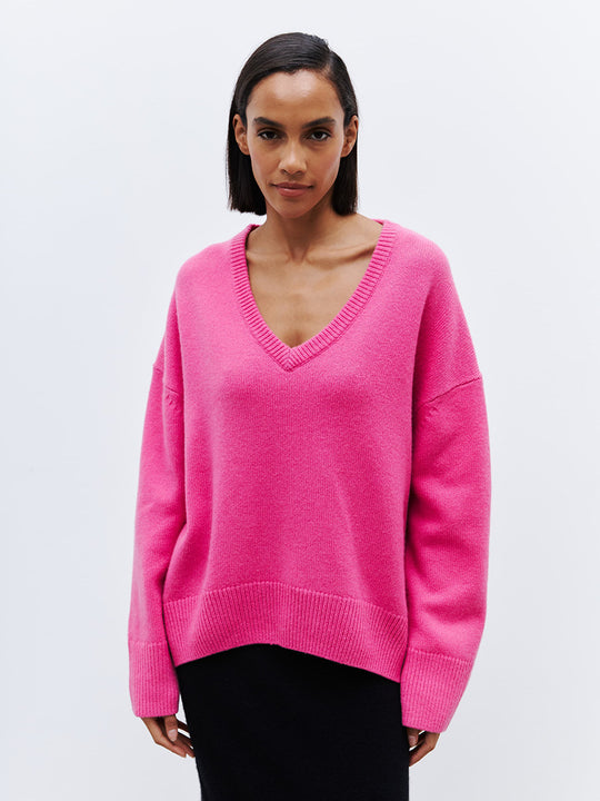 Damen Oversized V-Ausschnitt Strickpullover EB