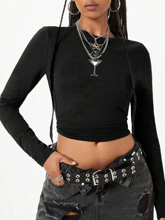 Damen nan figurbetontes langärmeliges Cropped-Shirt mit fotorealistischer Lippen-Collage und schmaler Passform EB
