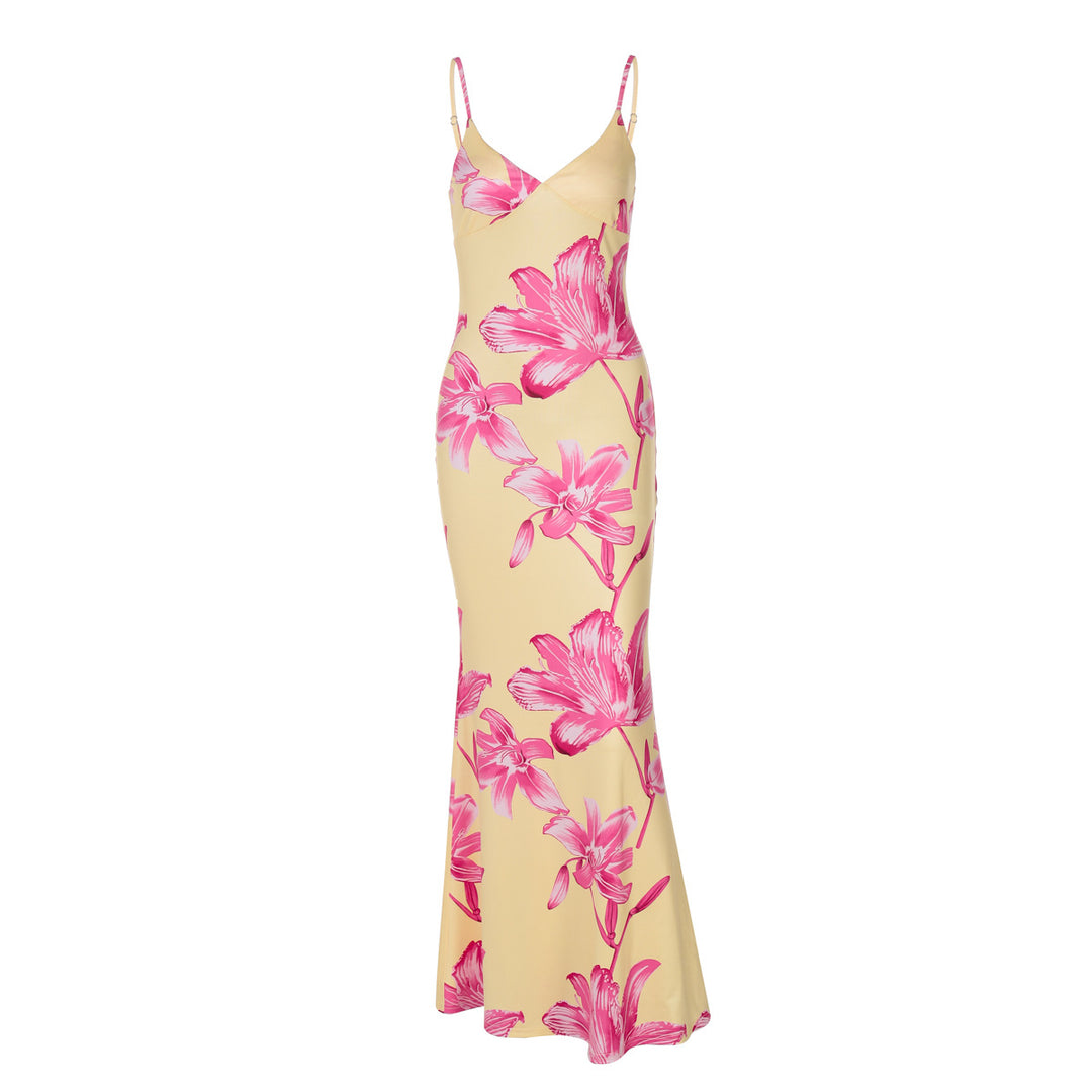Damen Maxikleid mit Blumenmuster und schmalen Spaghettiträgern EB