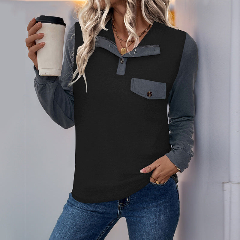 Damen modischer Langarm-Pullover mit praktischer Brusttasche und Knopfleiste EB