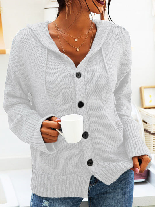 Damen Strickjacke mit Kapuze und knöpfen im lässigen Stil EB