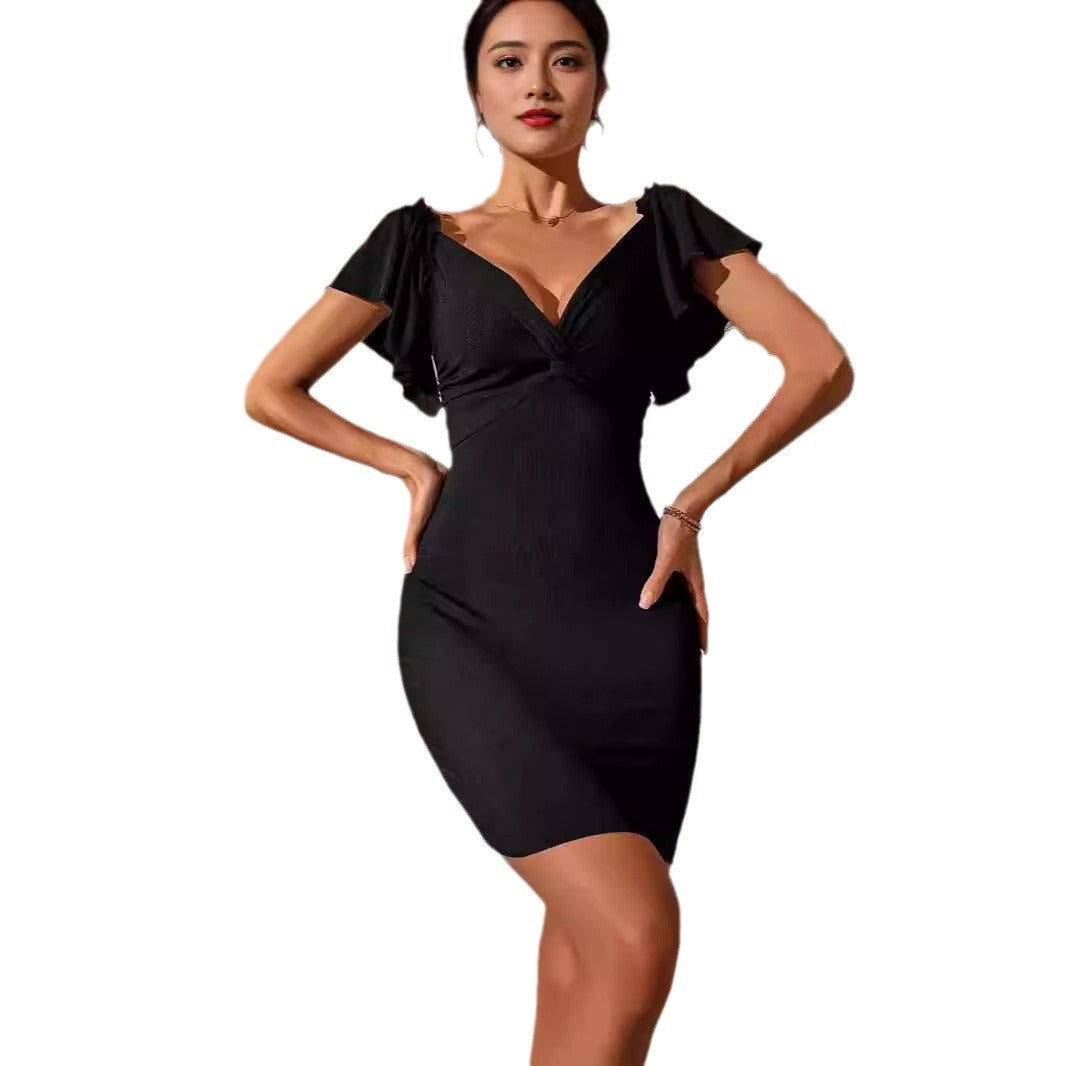 Damen figurbetontes Minikleid mit schmeichelndem V-Ausschnitt und Rüschendetails EB