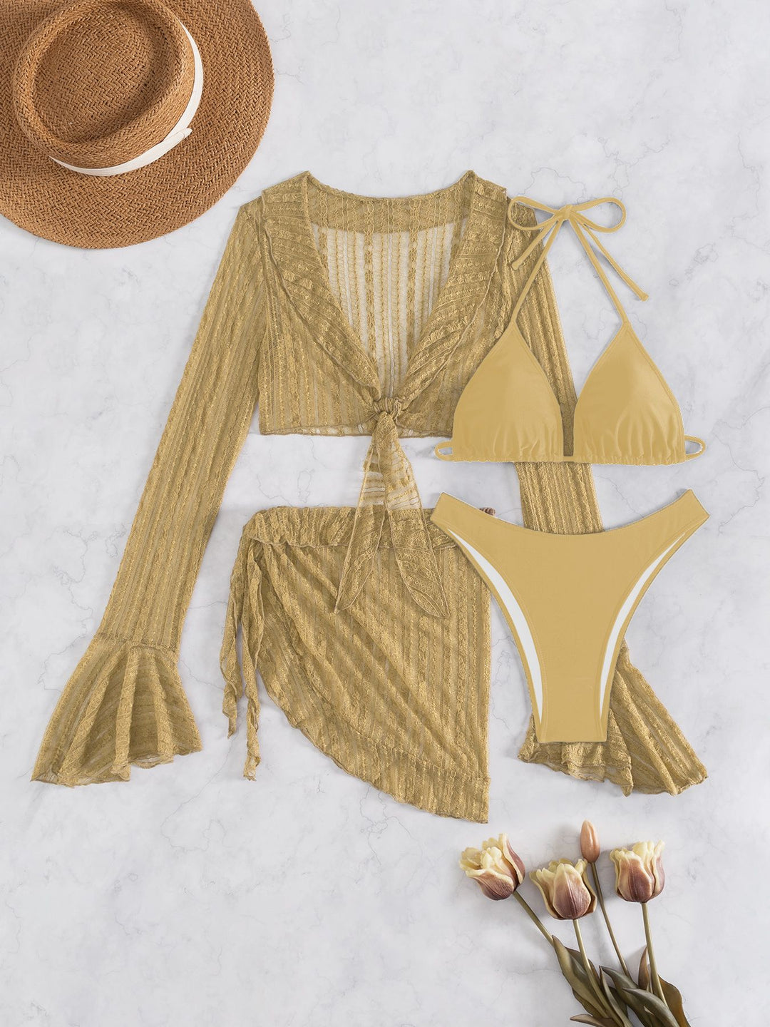 Damen Triangel-Bikini-Set mit langärmligem Crop-Top EB