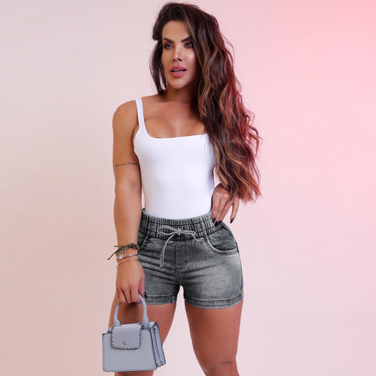Damen Jeansshorts mit elastischem Bund und Kordelzug EB