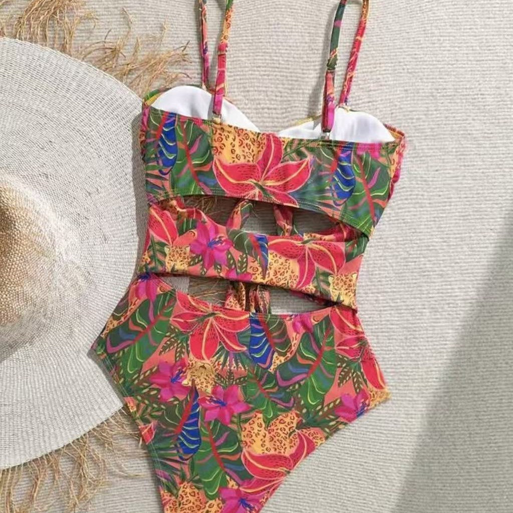 Damen Einteiler Badeanzug mit dekorativem Knotendetail und verspieltem Floraldesign EB