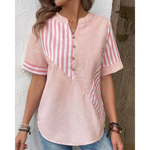 Damen Kurzarm Blusenshirt im gestreiften Design mit Knopfdetails EB