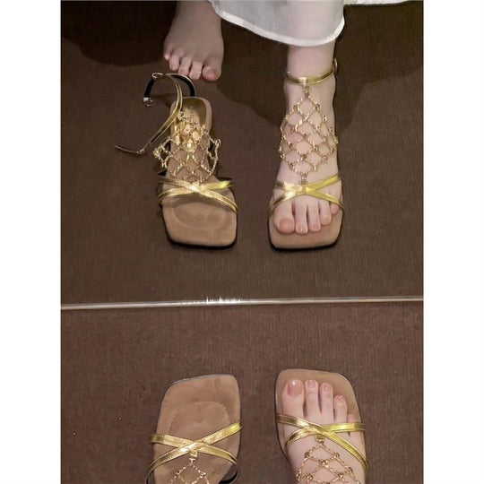 Damen elegante Riemchen-Sandalen mit funkelnden Kristallverzierungen EB
