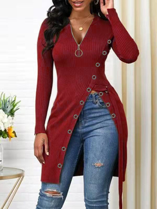 Damen figurbetontes Wickelshirt mit Knopfdetails und tiefem V-Ausschnitt EB