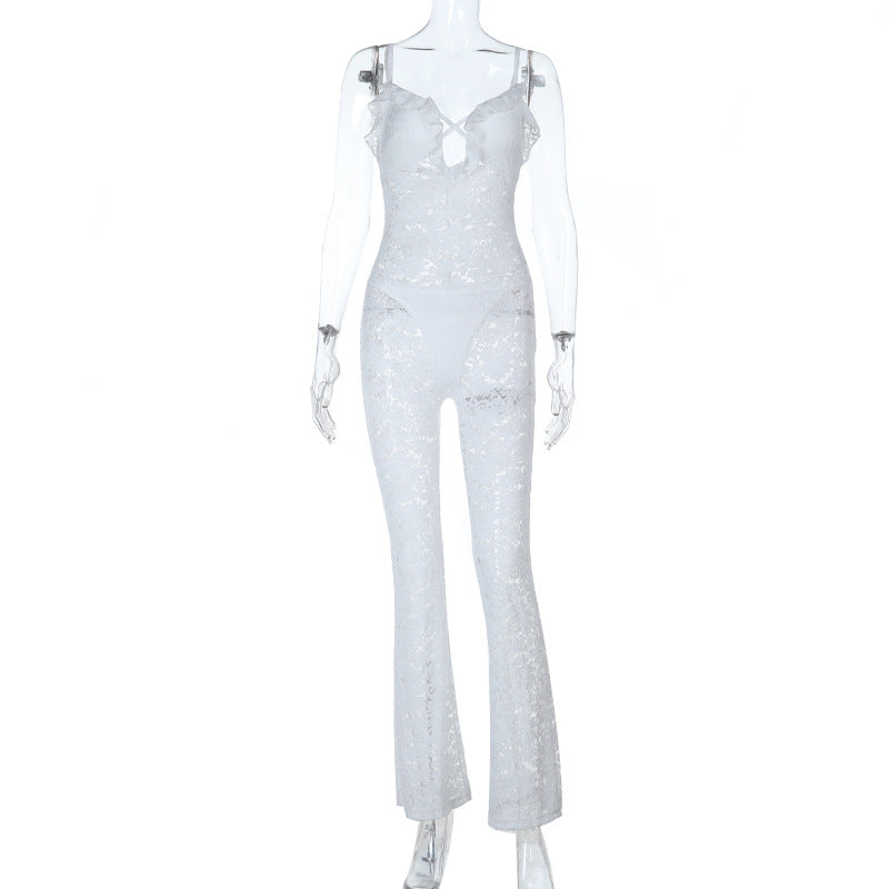 Damen stilvolles Langarm-Catsuit mit Spitzenverzierung und raffiniertem Ausschnitt EB