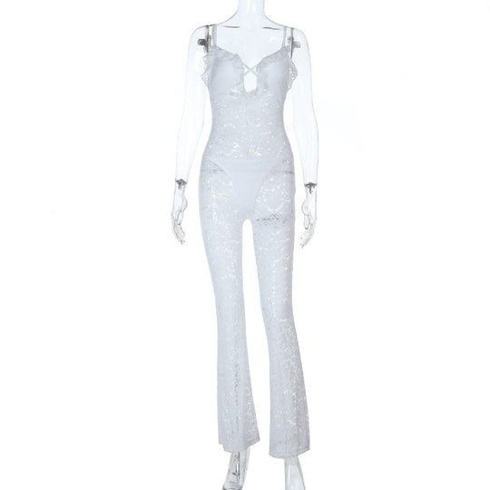 Damen stilvolles Langarm-Catsuit mit Spitzenverzierung und raffiniertem Ausschnitt EB