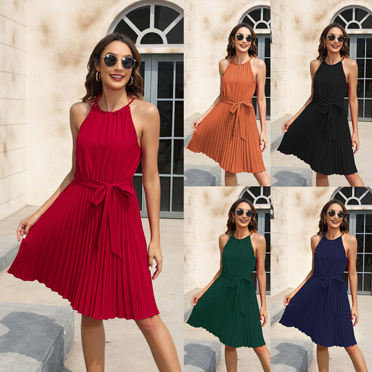 Damen Plissiertes Sommerkleid mit tailliertem Gürtel und Halterneck EB