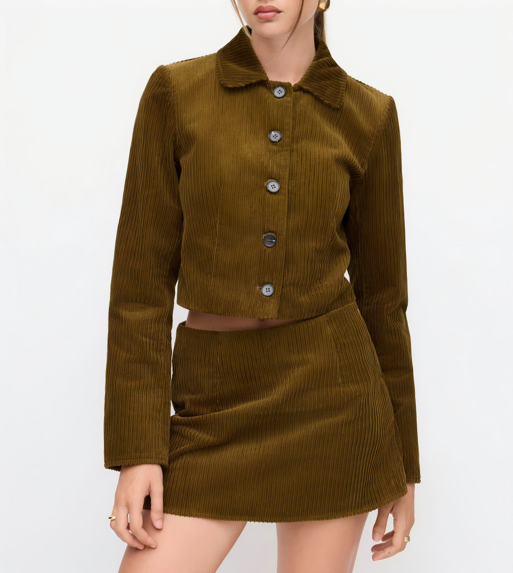 Damen Plissierte Kurzjacke mit Hemdkragen und umgeschlagenen Manschetten EB