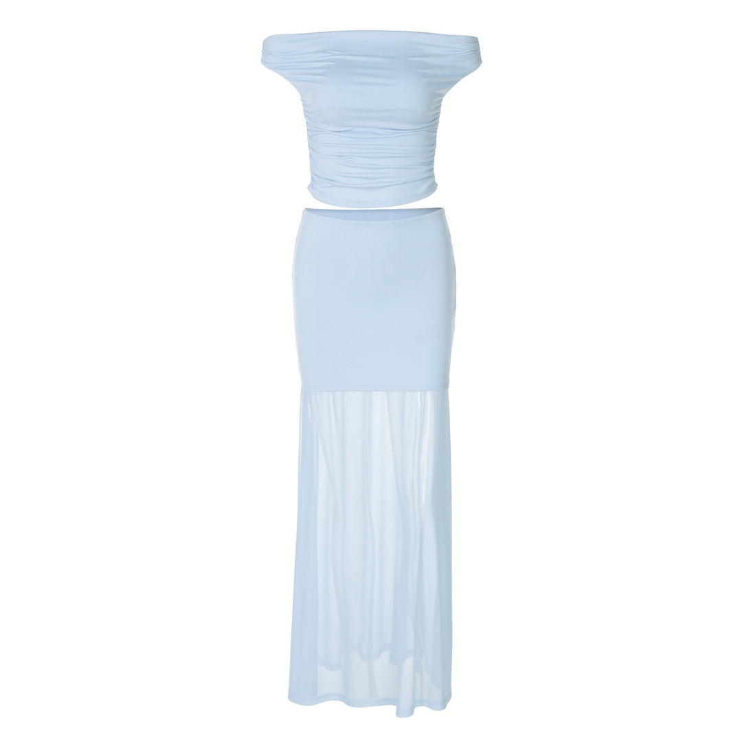Damen Elegantes Off-Shoulder Maxikleid mit gerafftem Oberteil EB