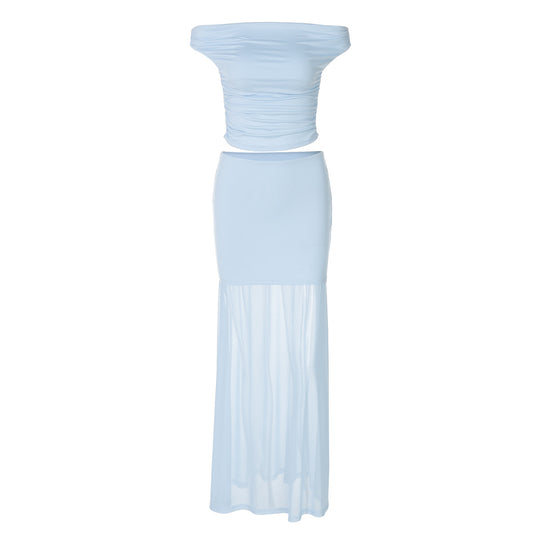 Damen Elegantes Off-Shoulder Maxikleid mit gerafftem Oberteil EB