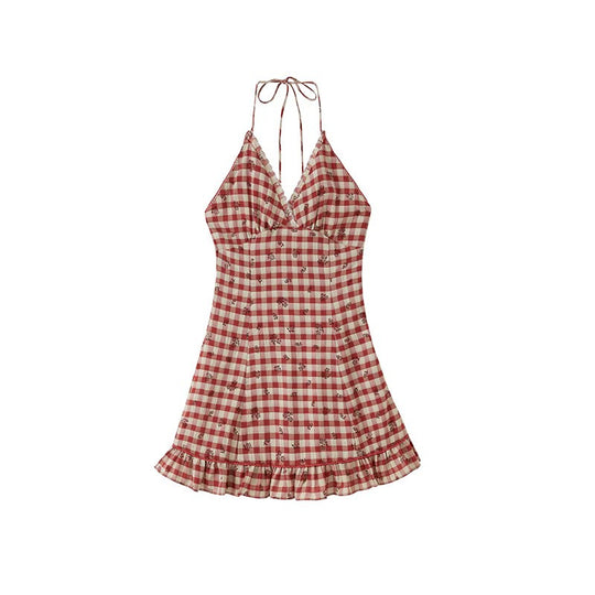 Damen Kariertes Sommerkleid mit Rüschendetails EB