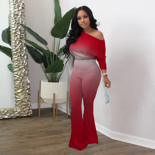 Damen Lässiges Ombre Set mit stilvollem Off-Shoulder Oberteil und figurbetonten Hosen EB