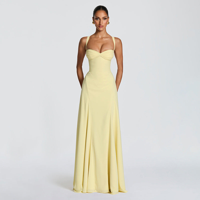 Damen Elegantes Maxikleid mit fein gerafftem Oberteil und Spaghettiträgern EB