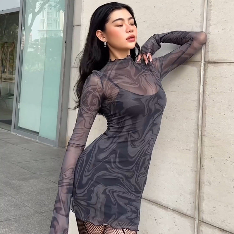 Damen figurbetontes Netzkleid mit marbled Effekt EB