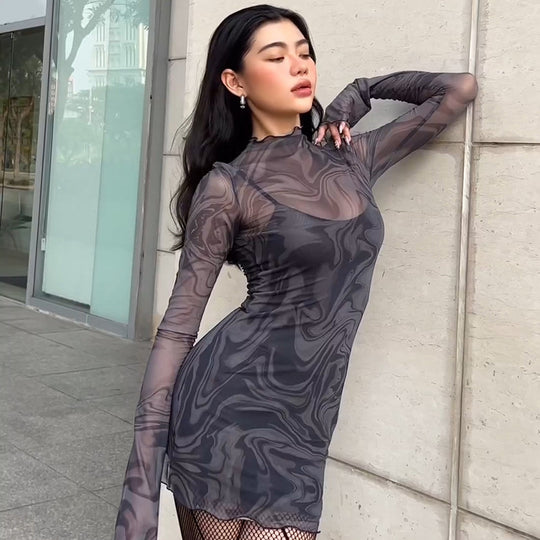 Damen figurbetontes Netzkleid mit marbled Effekt EB